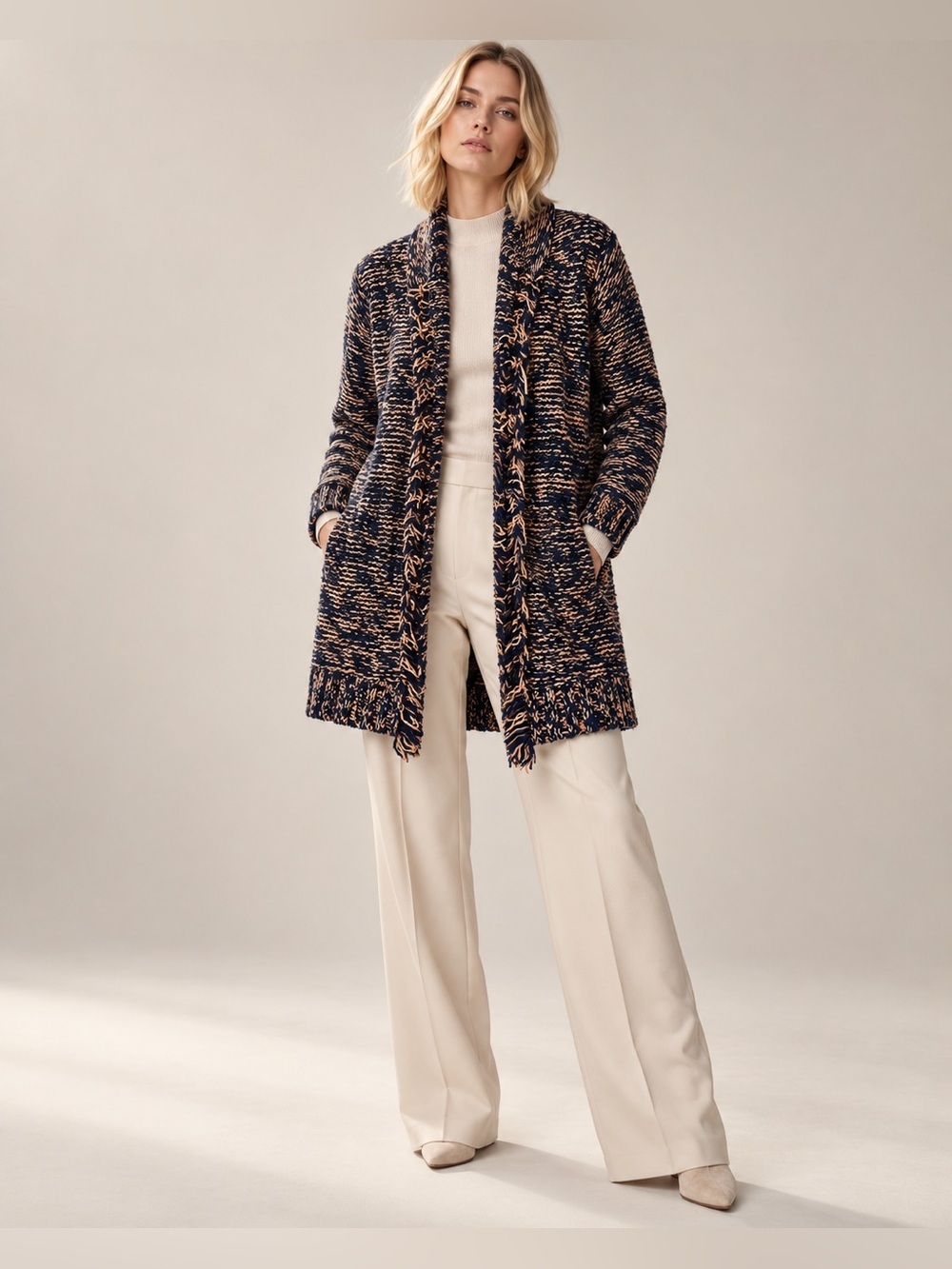Anthropologie Sparrow Marled Peat Linen Wool Fringe Cardigan Sweater S - Picture 3 of 16
